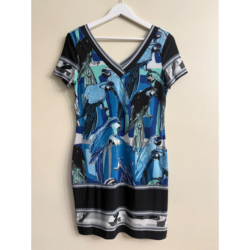 Just Cavalli Women Vintage Y2K Blue Parrot Bird Print Stretch Dress Size 40 Rare
